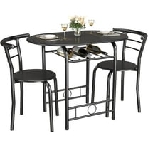 YEXJ 3-Piece Wooden Round Table & Chair Set, Space Saving Kitchen Breakfast Nook Wood Grain Tabletop with Metal Frame and Built-in Wine Rack for Kitchen, Dining Room-Black