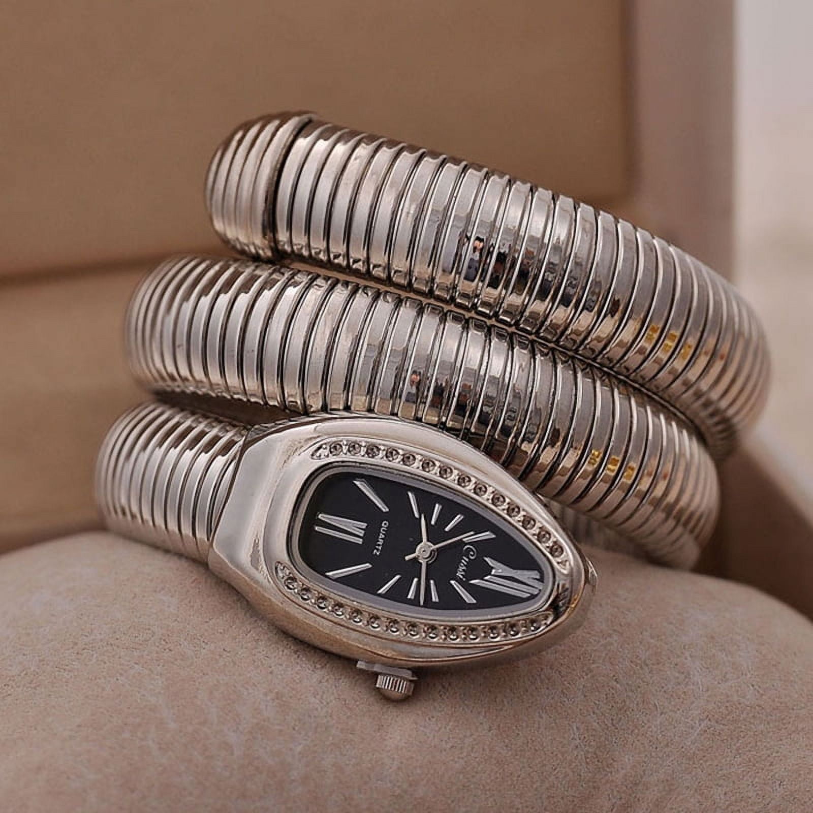 Women\'s Silver Analog Quartz Asymmetrical Snake Shape Bangle Fit Bracelet Watch Roberto Cavalli Snake Bangle Watch Vintage Ladies Watch in  main image 4