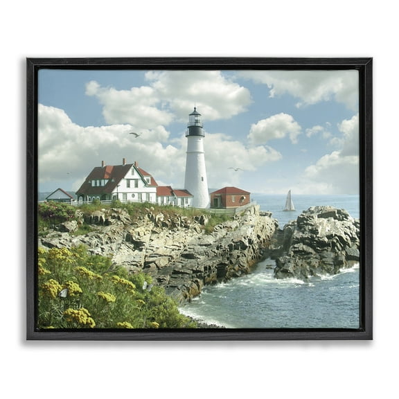 Stupell Industries Portland Lighthouse Peninsula Scene Landscape Painting Black Floater Framed Canvas Art Print Wall Art, 21 x 17