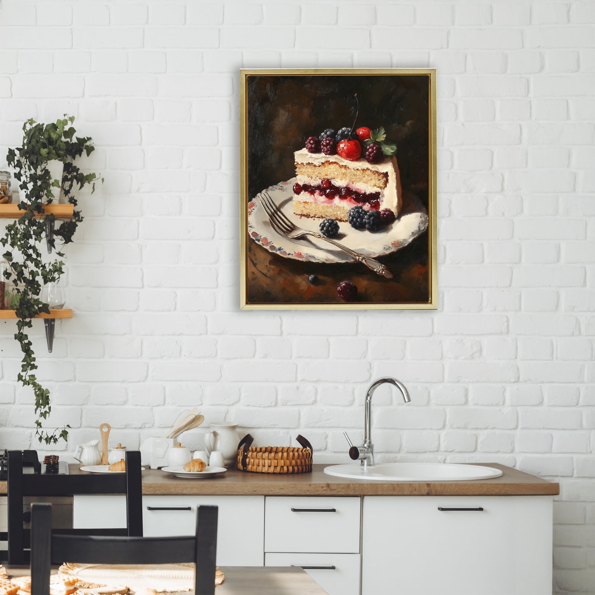 Stupell Industries Berry Topped Cake Slice Gold Framed Floater Canvas Wall Art, design by Franklyn Gregory
