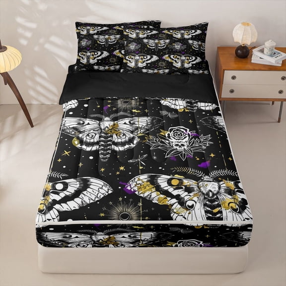 Homewish Death Moths Zipper Twin Comforter Sets with Fitted Sheet and 2 Pillowcases,Halloween Spooky Skull Zipper Bedding Set,Yellow Purple,Black Reversible,4pcs