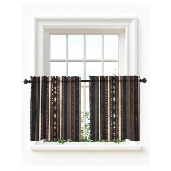 Black Beige Boho Tier Curtains 24 Inch Length,Sheer Curtains for Bedroom Living Room,Vintage Abstract Geometric Ethnic Rod Pocket Voile Drapes Kitchen Curtains Small Half Window 27.5"x24" 2 Panels
