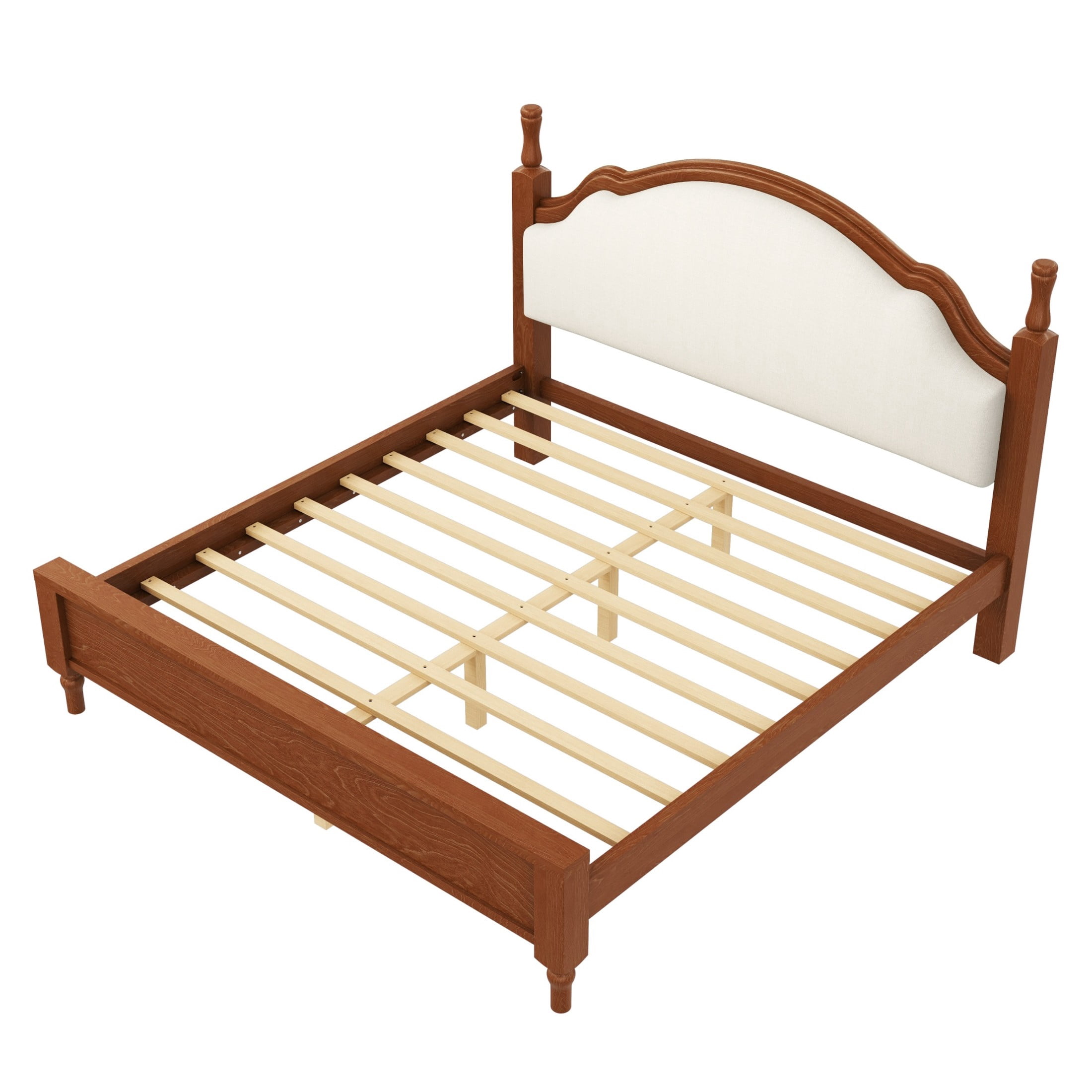 Noble House Caldon Queen Size Platform Bed, Pine Wood Frame with Curved Upholstered Headboard, Beige and Brown
