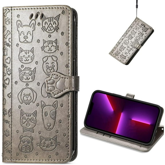 for iPhone 14 Plus PU Leather Flip Wallet Case, Cat Dog Cartoon Cute Style with ID Card Holder Phone Cover Case for Apple iPhone 14 Plus MG Grey