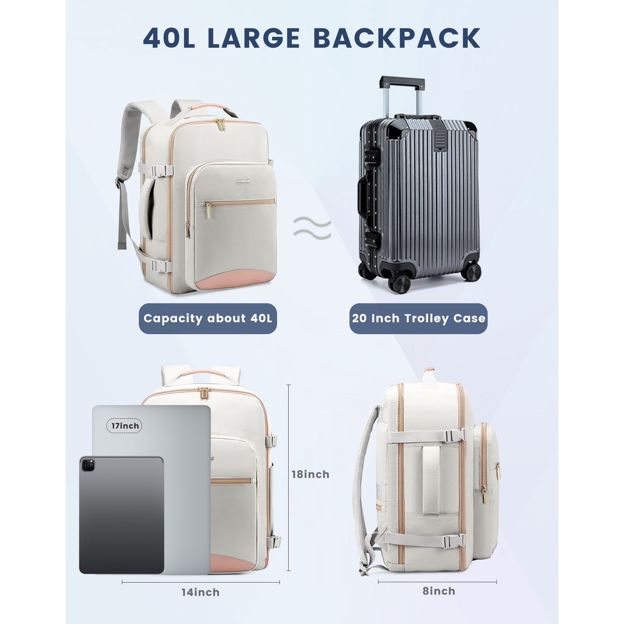 Lovevook Unisex Waterproof Travel Backpack with 3 Packing Cubes, Gray