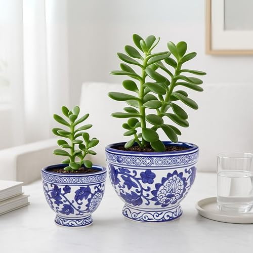 Set of 2 Bowl Chinoiserie Decorative Planter Pot with Drainage – Ceramic Outdoor & Indoor Plant Pot – Modern Garden & Home Decor Planters – 5" & 7", Blue & White$$Garden &