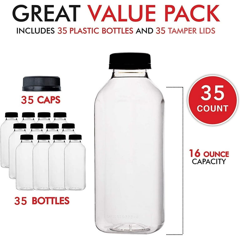 JumblWare 16 fl oz. Reusable Clear Plastic Juice Bottles with Caps