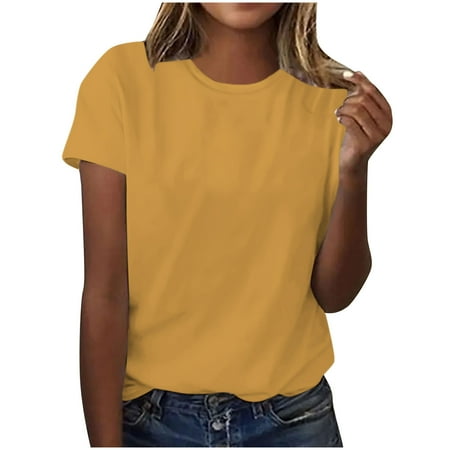 JGGSPWM Womens Casual Short Sleeve Crewneck T Shirts Classic Summer Basic Tees Yellow L