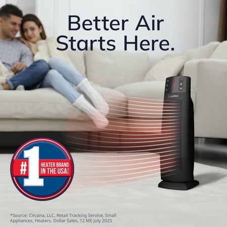 LASKO 22” OSCILLATING 3-SPEED CERAMIC TOWER SPACE HEATER WITH TIP-SWITCH, REMOTE, CT22850