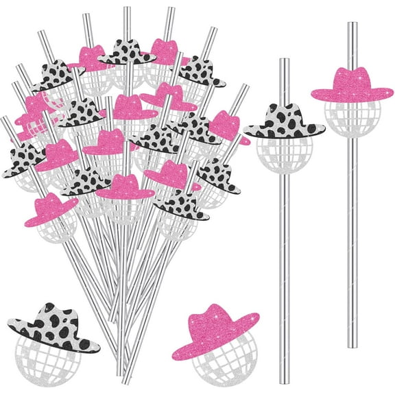 12 Pcs Mini Disco Ball Straws 70s Disco Straws Mirror Glitter Cowgirl Hat Party Decorations for Dance Holiday Wedding Birthday Supplies(Pink, Black)