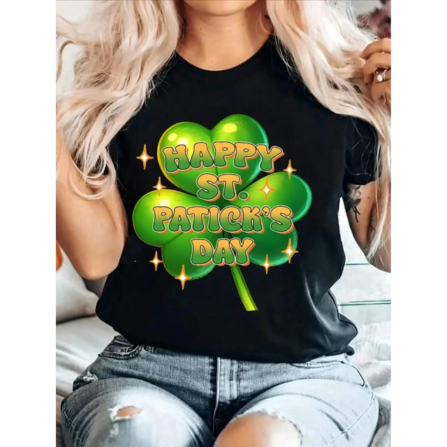 Playera estampada para mujer, divertida e inspiradora, novedosa, informal, de manga cortaWomen's St. Patrick's Day Casual T-Shirt - White, Polyester, Clover Print, Short Sleeve, Machine WasCamisetas