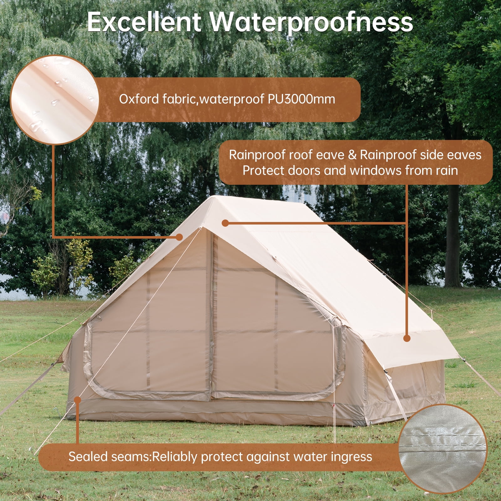 Waldmate Inflatable Camping Tent for 3-4 Person, Glamping Tent with Stove Jack Hand Pump, Oxford Waterproof Blow up Tent with Mesh Windows & Door
