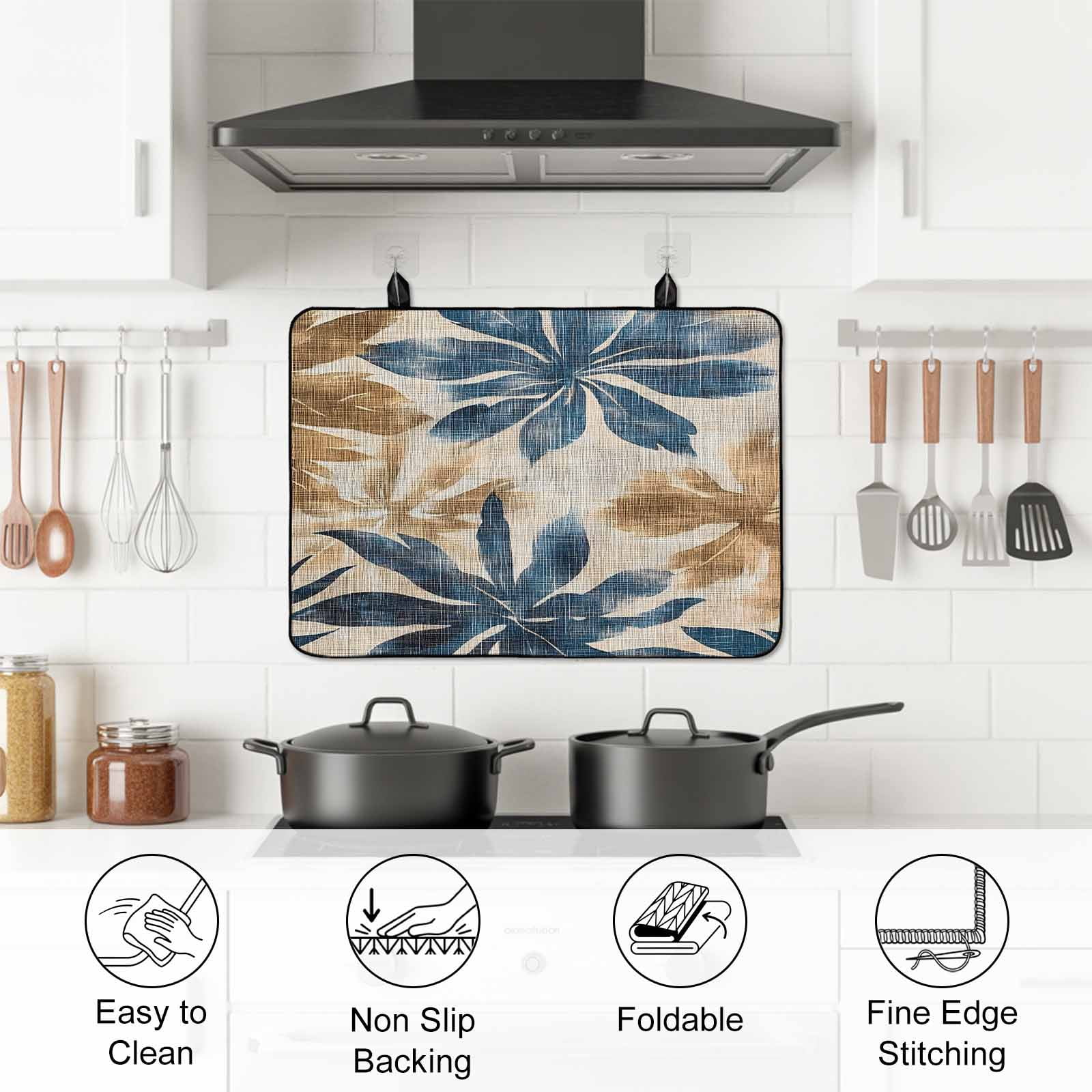 Navy Blue Brown Stove Top Cover for Electric Stove, Heat-proof & Non Slip Glass Top Stove Cover Protector, Tropical Botanical Palm Leaves Vintage Kitchen Flat Cooktop Rubber Mat 24x21 Inches