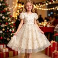 thumbnail image 5 of Girls Tulle Princess Dresses Trendy Embroidery Flower Lace Puff Sleeve Crew Neck Gown for Pageant Wedding Birthday Party Graduation Dance Prom Beige 10-11 Years, 5 of 6