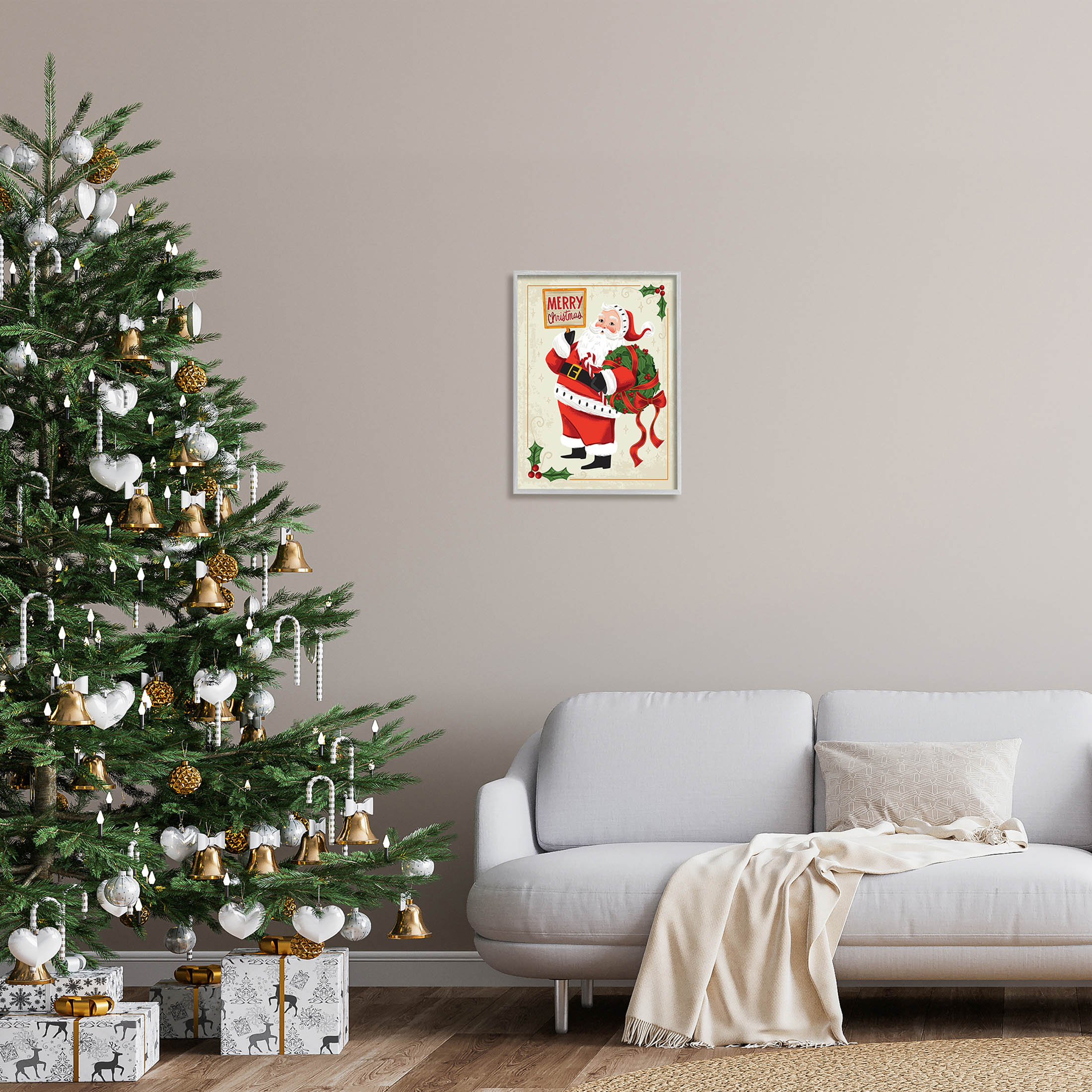 Merry Christmas Vintage Santa Holiday Graphic Art Gray Framed Art Print Wall Art