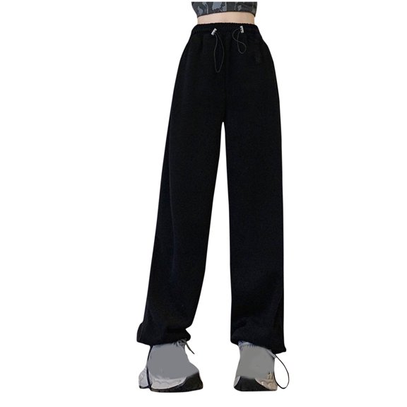 CQONEPT Women's Plus Size Pants Elastic Waist Casual Baggy Pants High Rise Drawstring Cute Trendy Pants with Pockets Black 3XL
