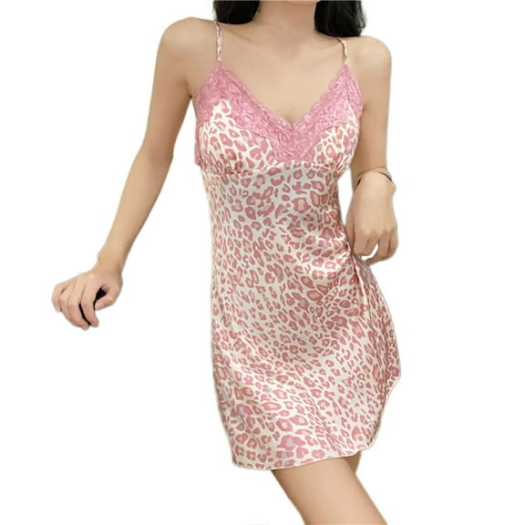 Women Lace Trim V-Neck Lingerie Camisole Slip Dress Leopard Print Padded Nightgown Spaghetti Strap Nightdress Chemise Sleepwear