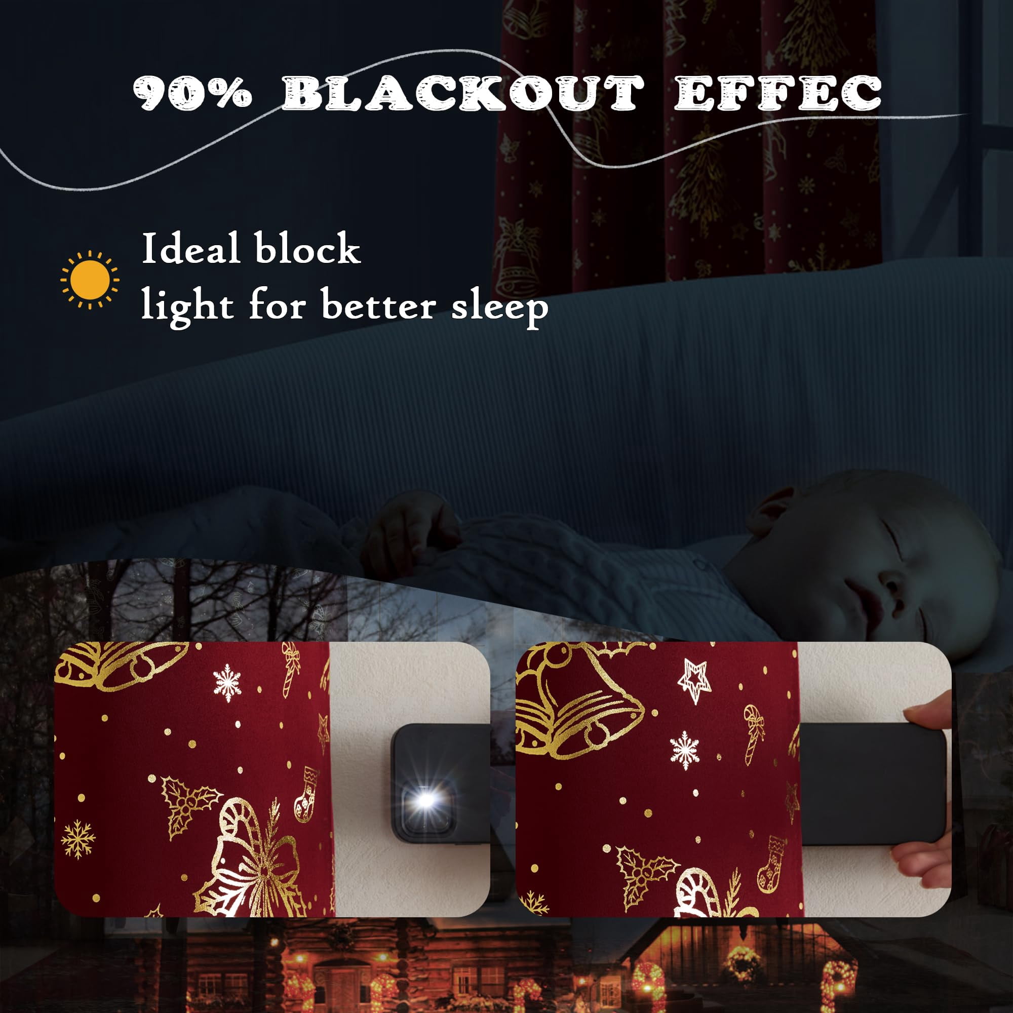 NICETOWN Christmas Curtains for Living Room, Gold Foil Printed Xmas Blackout Curtains Thermal Insulated Noise Reduce Grommet Window Treatments for Bedroom Living Room, 52"x95", Red