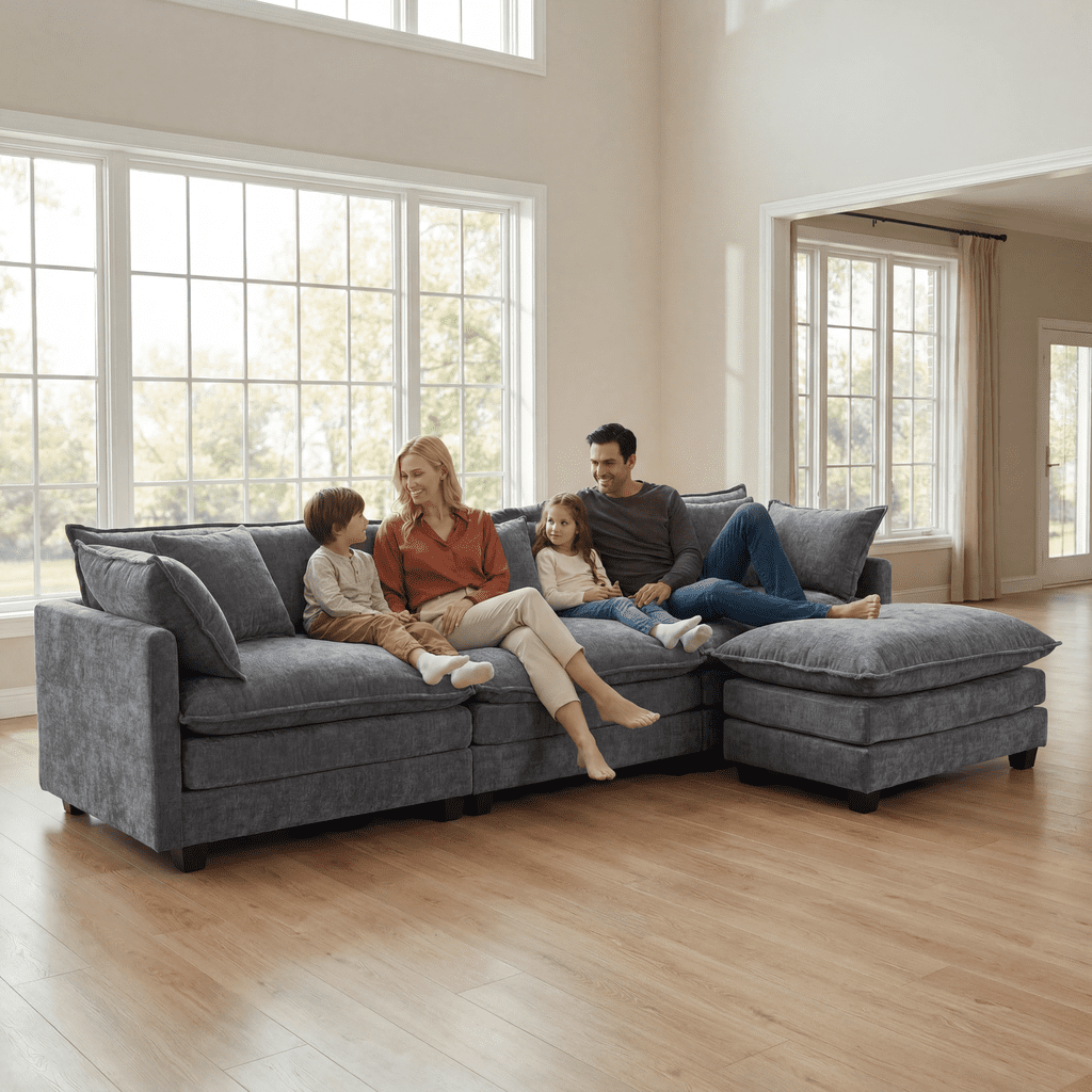 Dioepic Cloud Chenille 3-Seat Living Room Sectional Sofa Modern Cloud Couch 111.4" with Ottoman & 3 Pillows, Grey