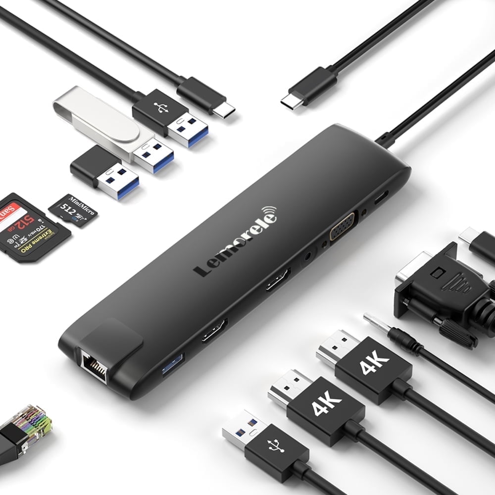 Lemorele USB C Docking Station Triple Monitor,13 in 1 USB C Hub, Multi-functional Adapter with 2 HDMI, VGA,Gigabit Ethernet,USB/USB C 3.2 Data,100W PD for Laptop MacBook/Dell/HP