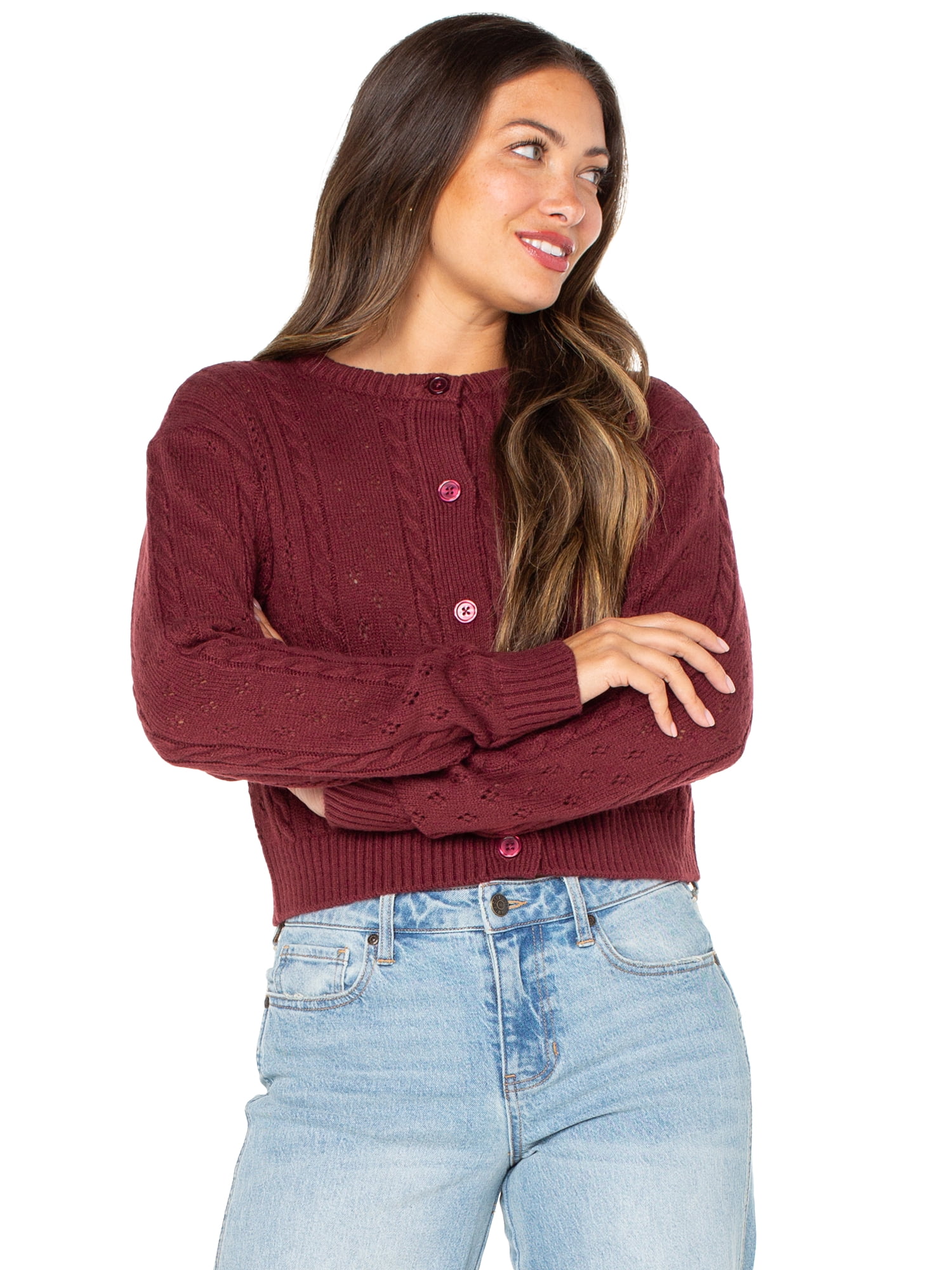 Celebrity Pink Women's Pointelle Crewneck Cardigan Sweater, Sizes XS-XXXL
