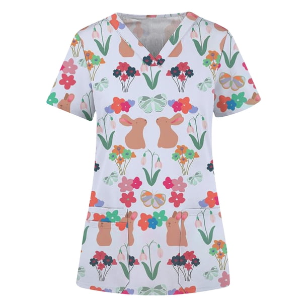 Ichuanyi Womens Swimsuits Clearance Women's Fashion Easter Rabbit Print V-neck Short Sleeve Pocket Workwear Top Ichuanyi Ichuanyi