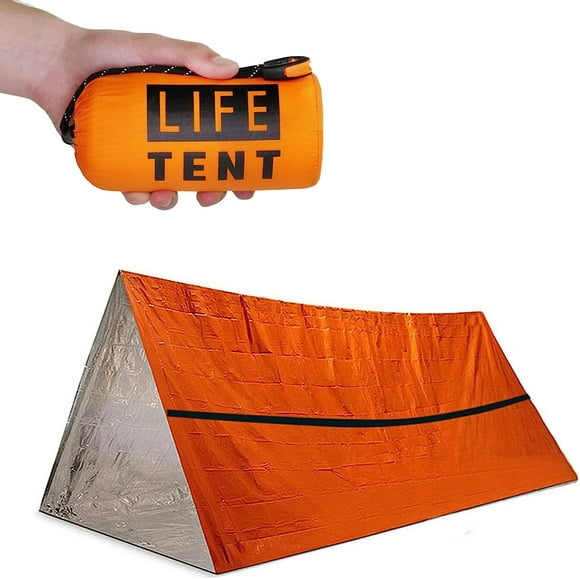 Abri de Survie d'Urgence pour 2 Personnes + 3 Paracordes, Piquets de Tente, Bâton Lumineux, Sifflet / Tente 100 % Imperméable / Ultralégère et Très Grande