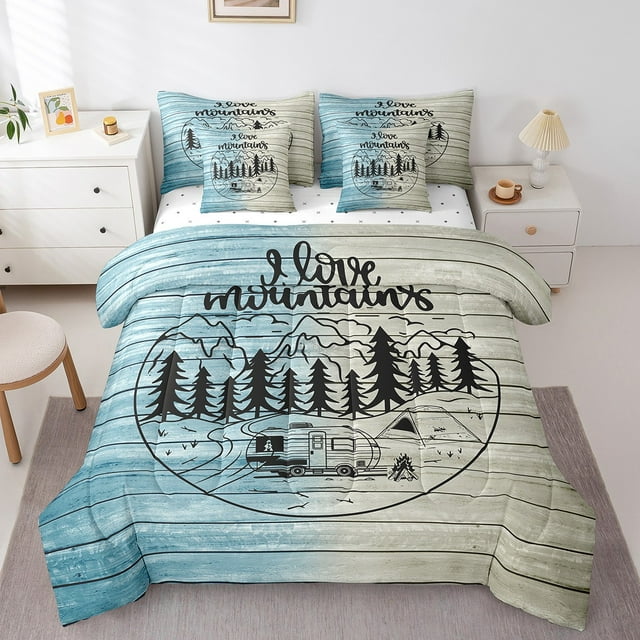 YST Mountains Adventure 7-Piece Comforter Set, Queen Size, Bedding Set with Pillowcases & Throw Pillow Covers