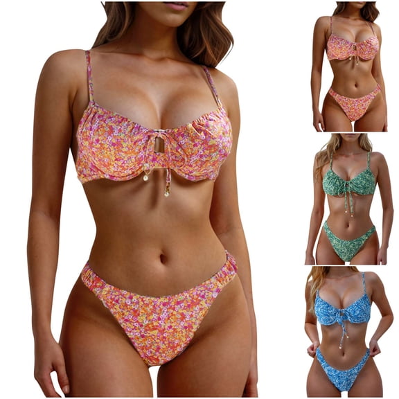 Einccm Women's Bikini Set with Backless Design, Adjustable Tie Straps, Underwire Support, Alluring Floral Print, Chic Two-Piece Bathing Suit for Beach & Pool