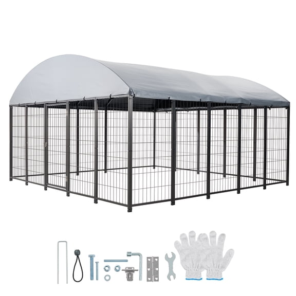 KFFKFF Outdoor Dog Kennel, 9.8 x 9.8 x 5.4 ft Spacious Pet Enclosure with Secure Lock, Durable Dog Cage with UV-Resistant and Waterproof Roof Cover, Sturdy Outdoor Run for Large Pets