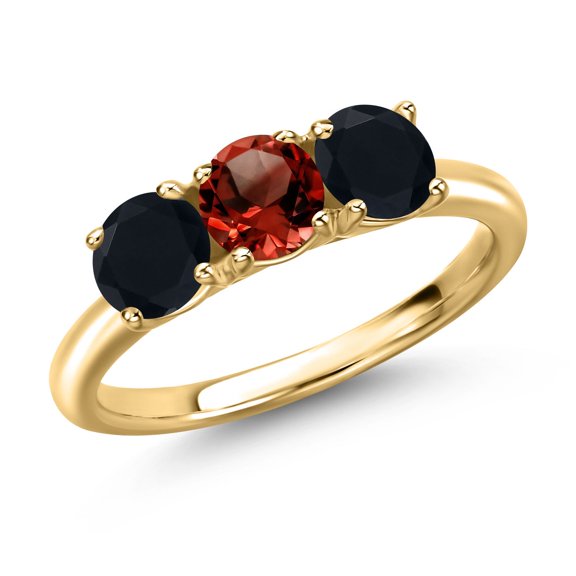 Gem Stone King 18K Yellow Gold Plated Silver Red Garnet and Black Onyx Engagement Ring for Women | 1.50 Cttw | Round 5MM | Gemstone January Birthstone | Size 9