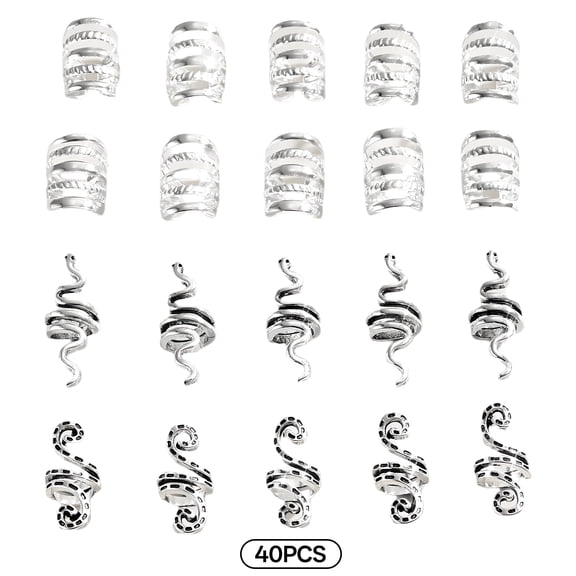 VANIDO 40Pcs Dreadlock Accessories Silver-Plated Vintage Distressed Texture Hair Jewelry for Braids and Locs Styling Accessories and Silver Hair Bead Set