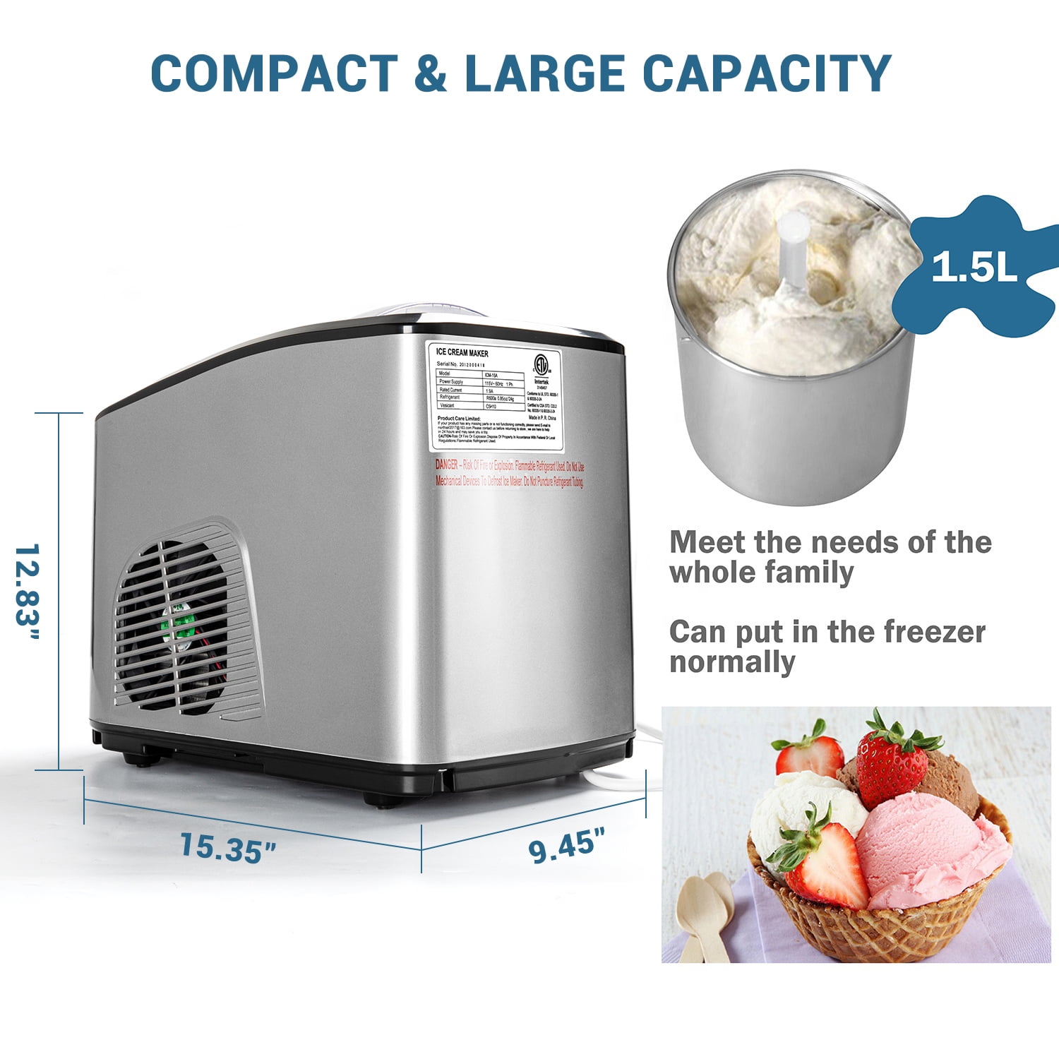 CIPACHO 1.5-Quart Compact Electric Ice Cream Maker for Home Office, Silver Ice Cream Machine for Countertop, Portable Stainless Steel Countertop Gelato Maker, No Pre-Freezing