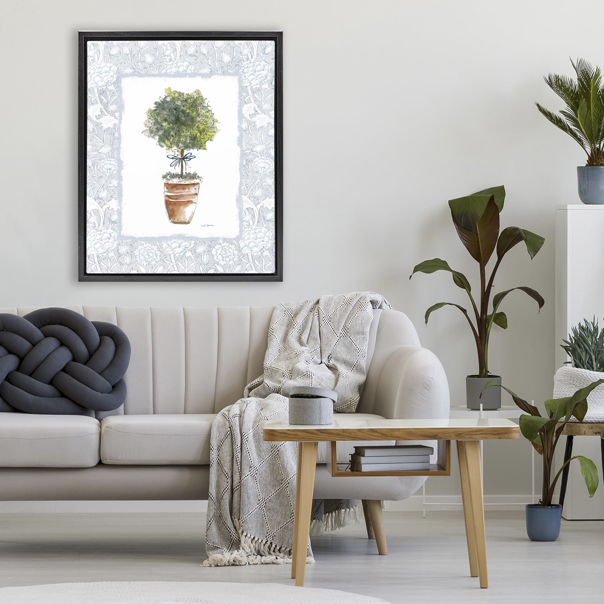 Stupell Industries Potted Topiary in Terracotta Black Framed Floater Canvas Wall Art, design by Carol Robinson