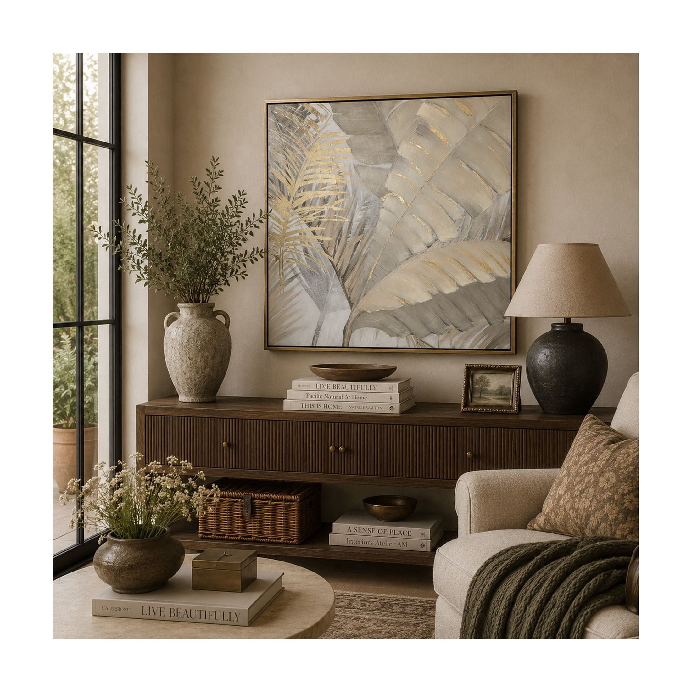 40" x 40" Metallic Layered Leaf Palm Tree Framed Wall Art with Gold Foil Accents, by CosmoLiving by Cosmopolitan