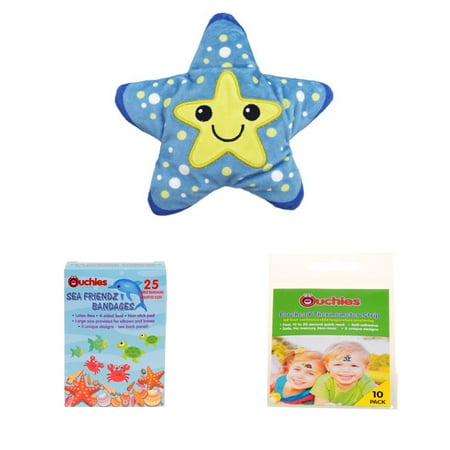 Ouchies Sea Friendz Triple Pack First Aid Hot Cold Ice Pack 25 ct Assorted Bandages and Forehead Thermometer Strips for Kids