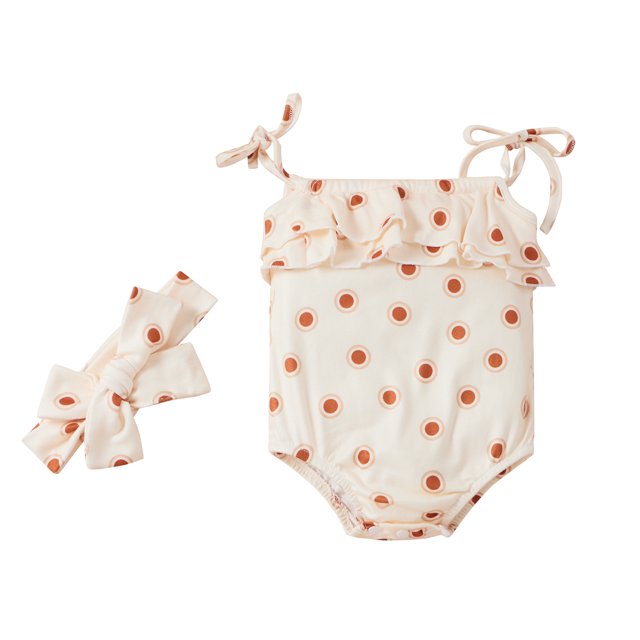 Xingqing Baby Girls Lace-Up Suspender Bodysuits Sweet Pattern Printing Ruffles Jumpsuits and Headband Set