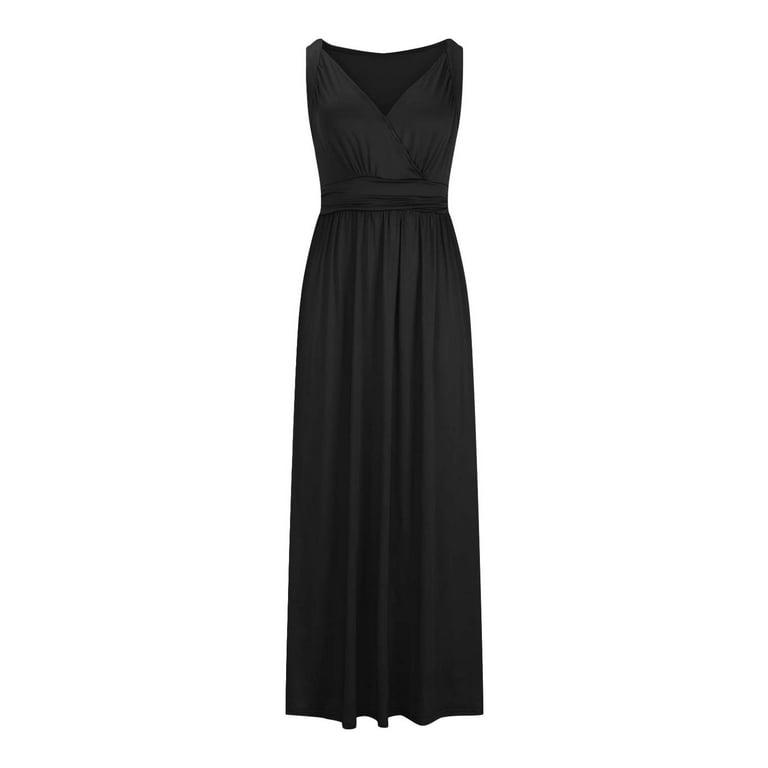 Rvkxad Womens Dress Wrap V Neck Ruched Elegant Wedding Guest Flowy A-Line  Maxi Dress Travel Vacation Sleeveless Empire Waist Sundress Black XL -  Walmart.com