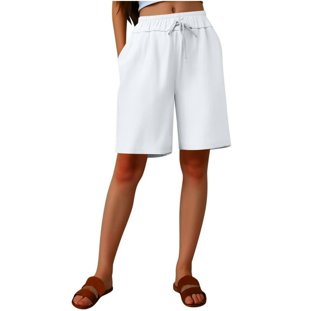 Pantalones de la Cintura Elástica de las Mujeres Medio Pantalones Cortos Botones de la Cintura Elástica de Verano Lino Bolsillos Pantalones, Lino de Algodón