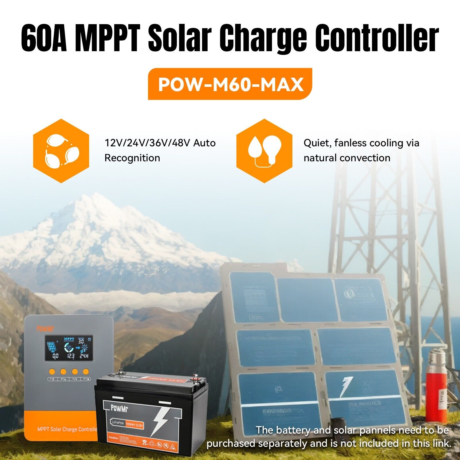 PowMr 60A MPPT Solar Charge Controller 12V 24V 36V 48V PV 160V Battery Regulator