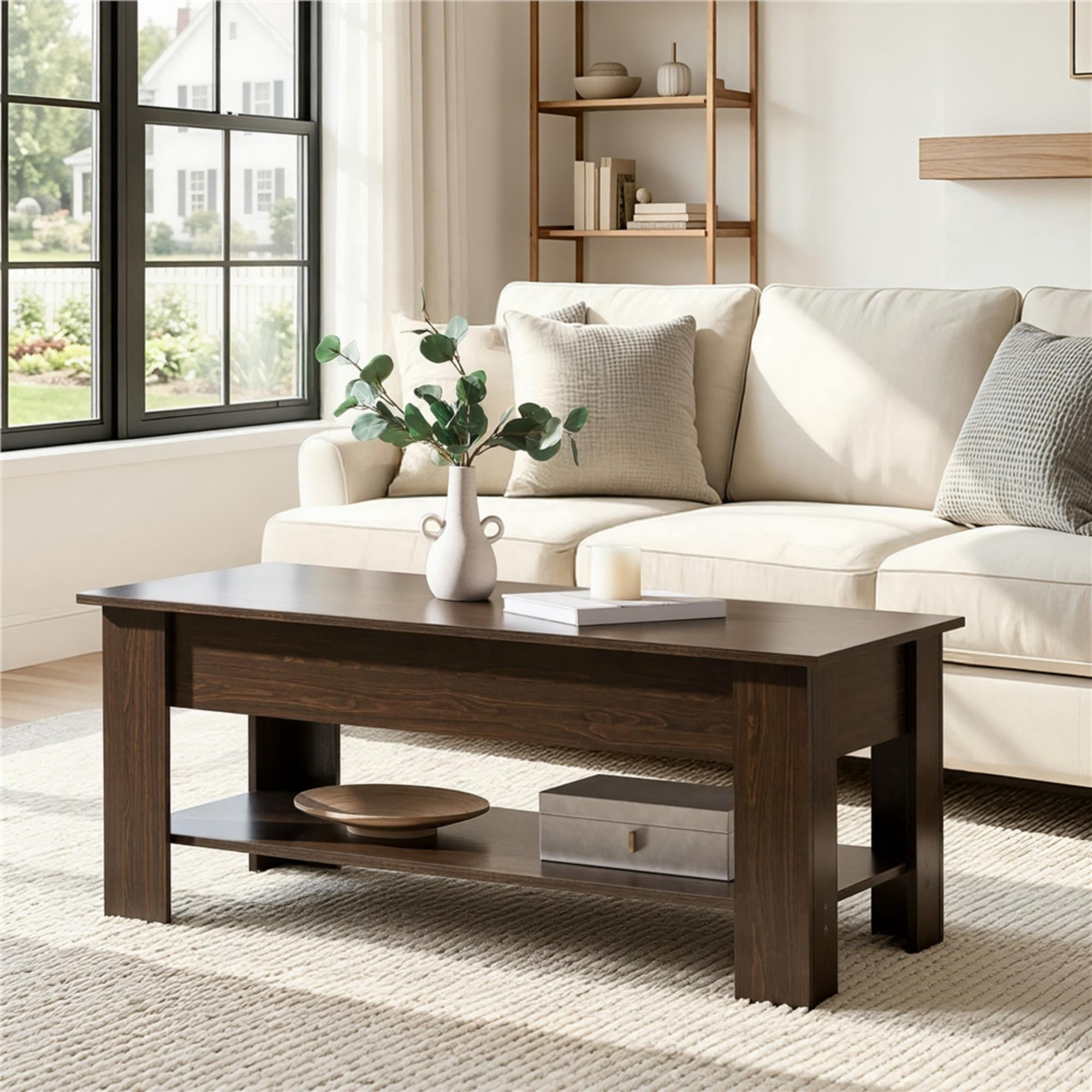 Alden Design Modern 47.5" Wood Lift Top Coffee Table with Lower Shelf for Living Room, Espresso