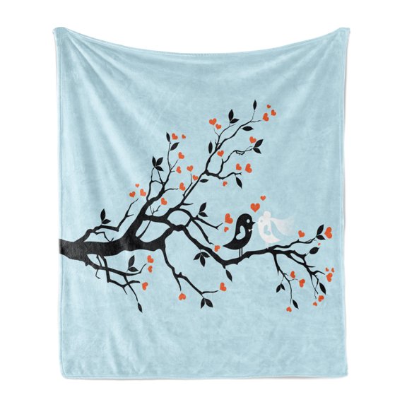 Engagement Party Soft Flannel Fleece Blanket, Happy Bird Couple Perching on Tree with Heart Shaped Flowers, Cozy Plush for Indoor and Outdoor Use, 50" x 60", Baby Blue Orange Black, by Ambesonne
