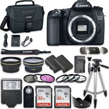 Canon EOS 70D 20.2 MP AF Full HD 1080p DSLR Camera (Body Only) with 2pc SanDisk 32GB Memory Cards + Accessory Kit