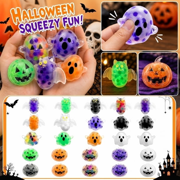 Knisume Halloween Squishy Stress Relief Toy - Bead Ball Pumpkin Ghost Bat Random Style, Soft Squeezy Sensory Stress Ball, Party Favors & Anxiety Relief