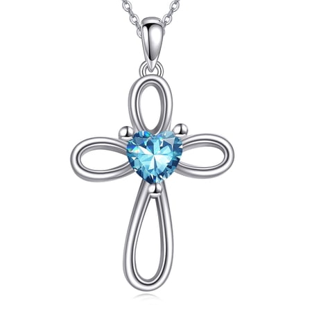 YAFEINI Cross Necklaces 925 Sterling Silver December Artificial Tanzanite Birthstone Heart Cross Pendant Necklace Religious Christian Baptism Jewelry First Communion Day Gifts for Women