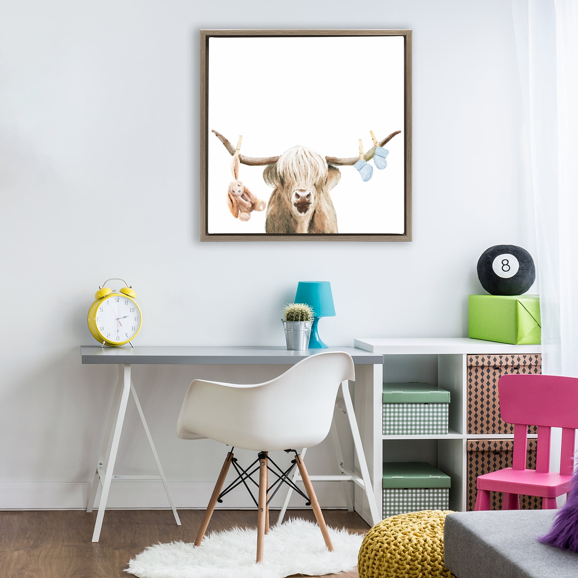 Highland Cow Baby Boy Brown Framed Floater Canvas Wall Art, design by Ali Lynne