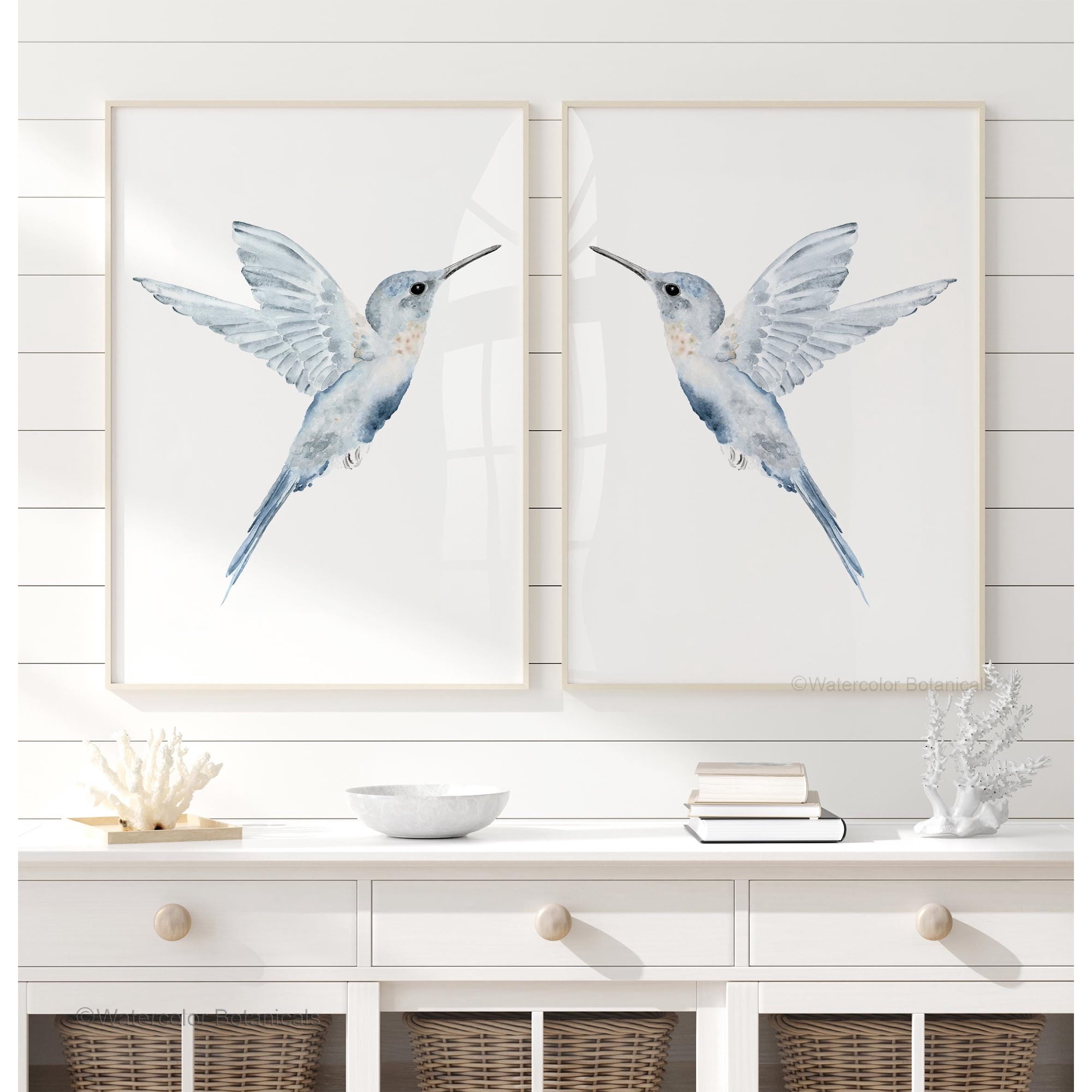 Hummingbird Wall Art Prints Gift Idea for Bird Lovers Light Blue Artwork Baby Boy & Girl Nursery Wall Art Set 2