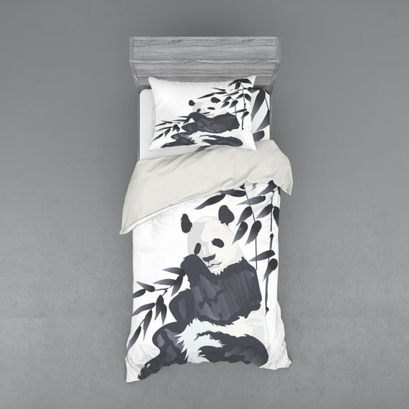 Ambesonne Animal Bedding Set 3 Pcs, Panda in Zoo Chinese, Twin XL, Cadet Blue White