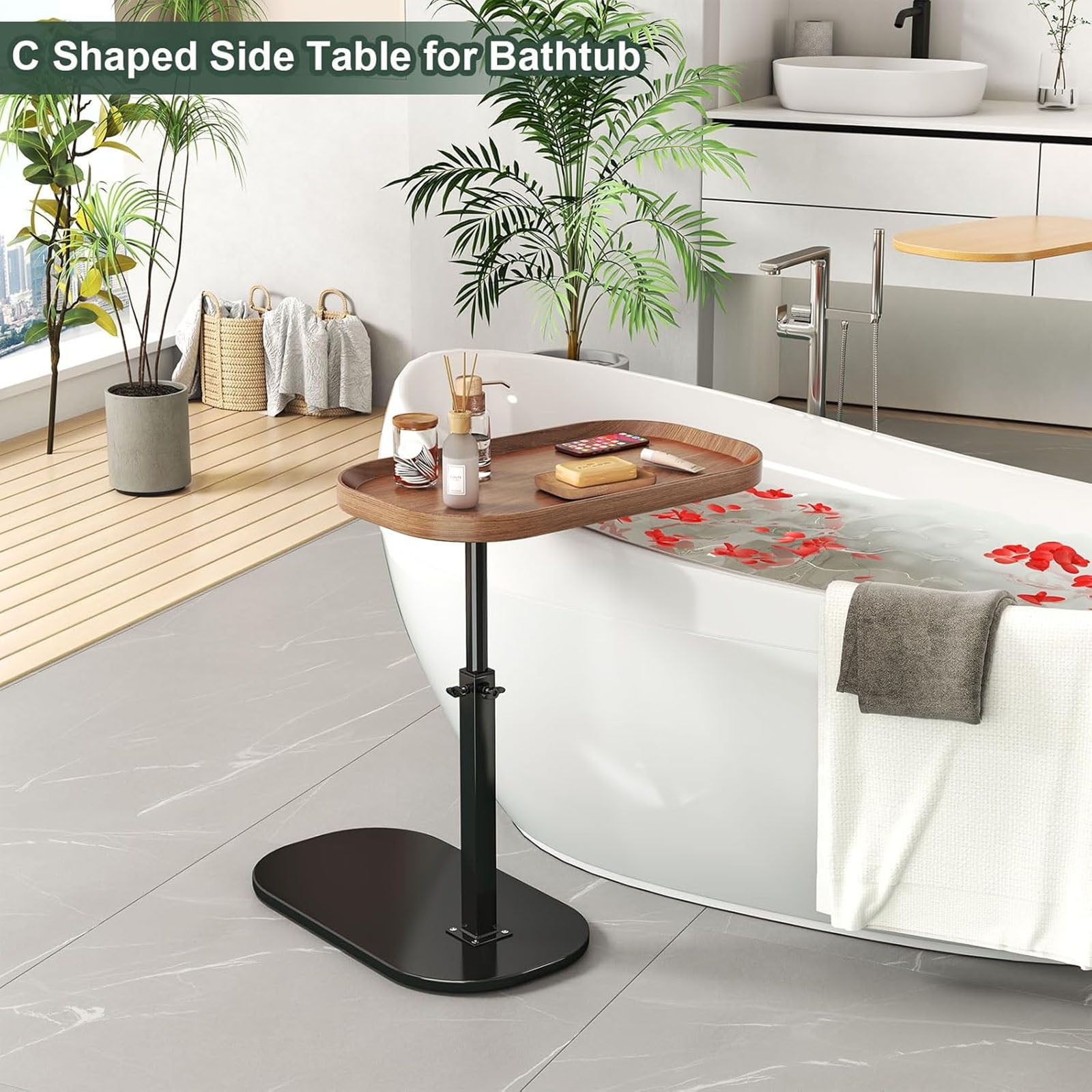 Yabanana C Shaped Side Table End Table, 360° Swivel and Adjustable Height Side Table Sofa Table for Couch(Walnut)