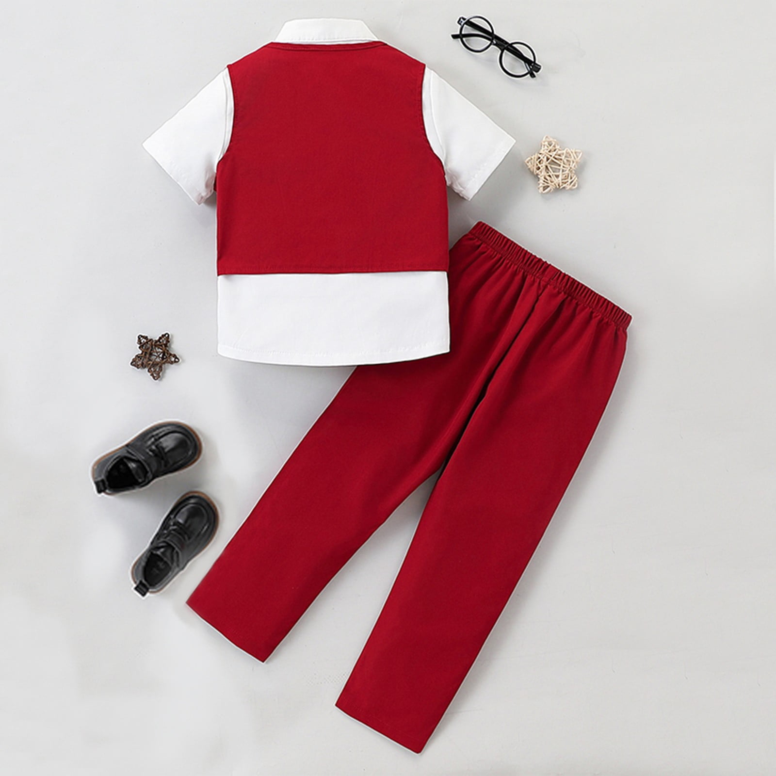 Gubotare Toddler Wedding Outfit Boy Toddler Boy Suit Gentleman Outfit Button up Shirt Bow Tie Vest Elastic Pants Formal Clothes 6-7,(Red 6-7 Years)